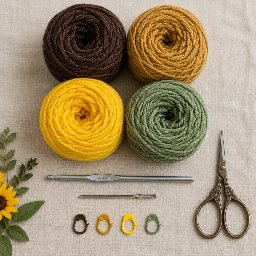 Material-Flatlay für Sonnenblumen-Granny