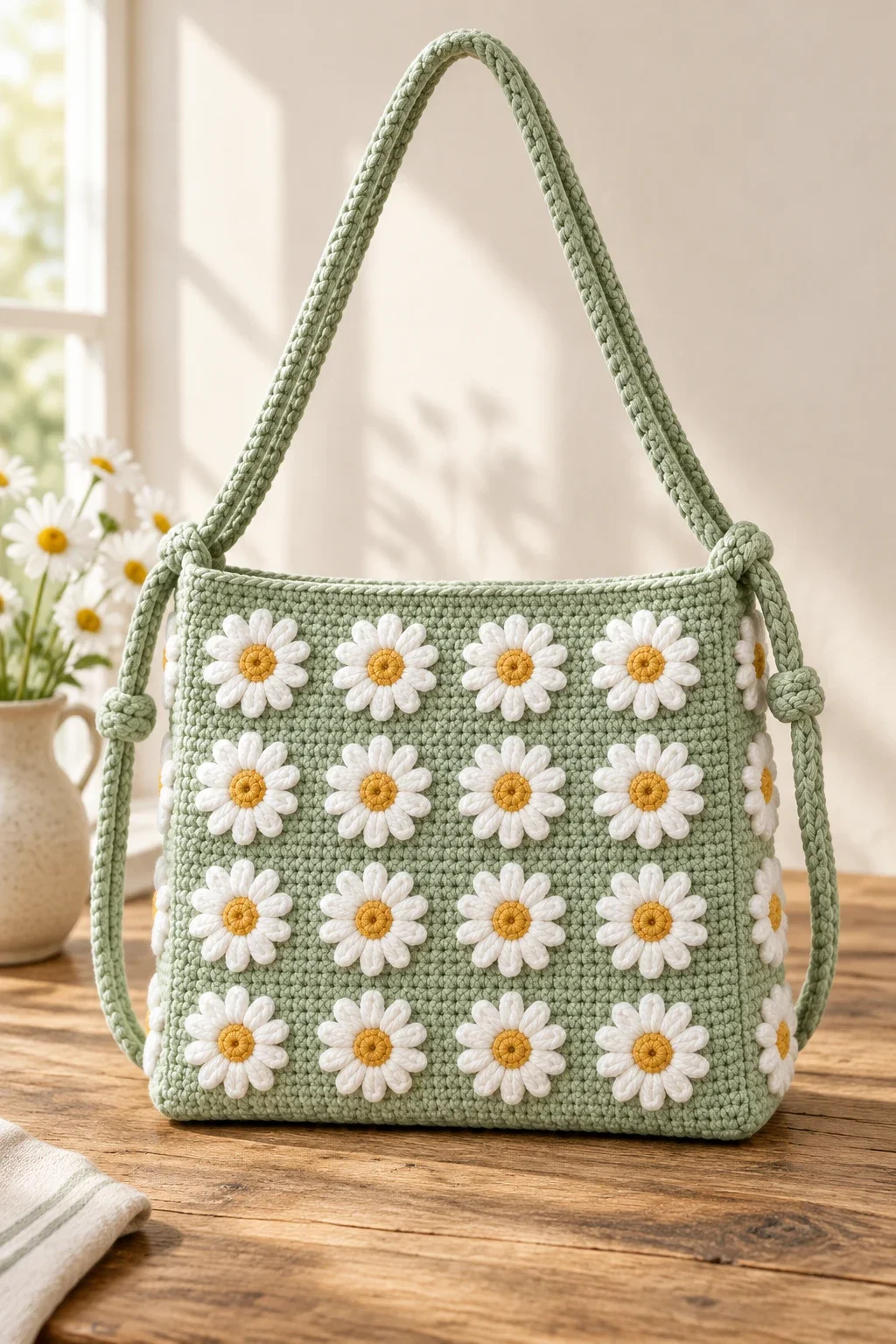 Fertigfoto der Daisy-Tasche mit aufgenähten Blüten